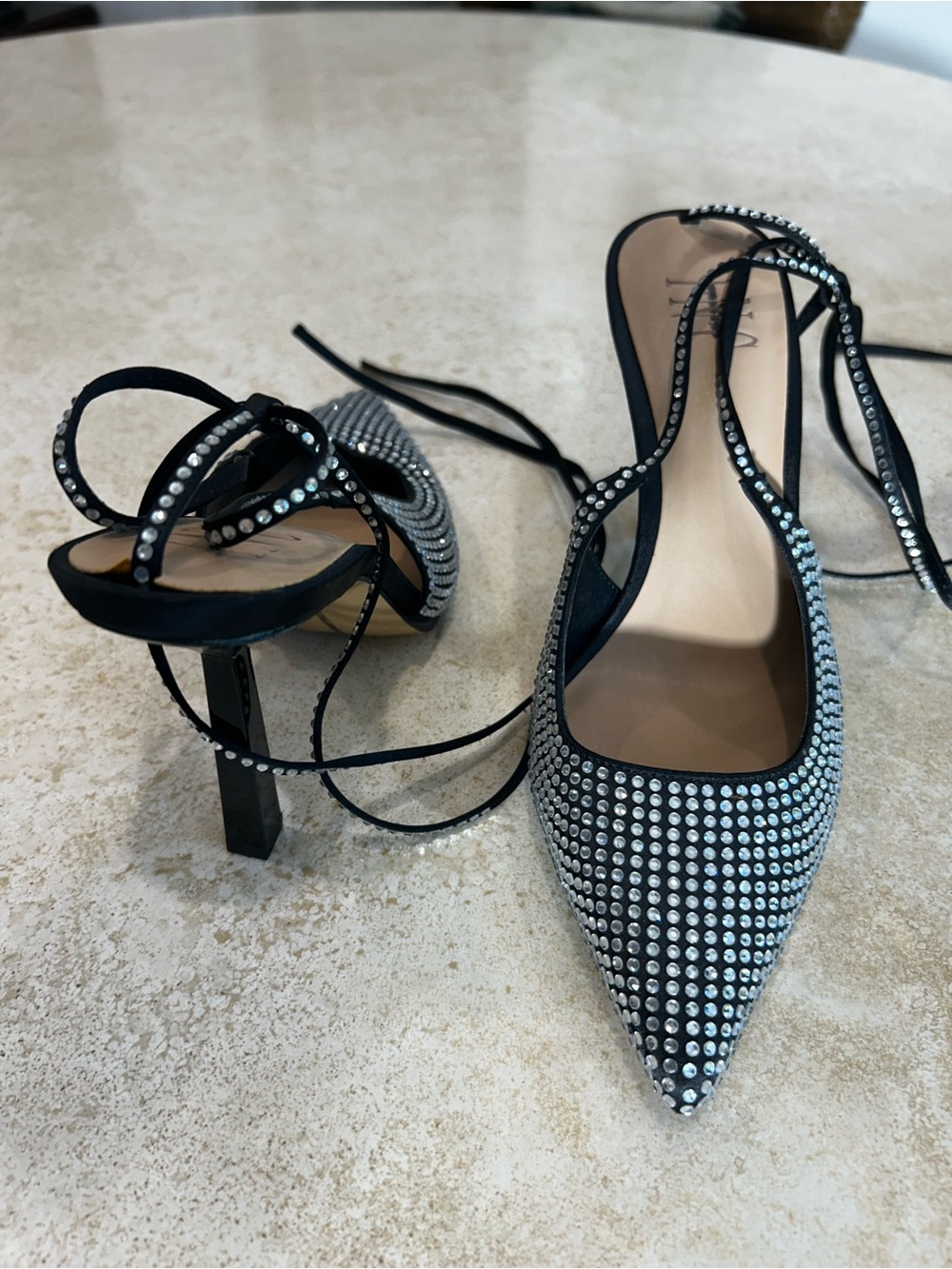 Crystal-Embellished Black Pointed Lace-Up HeelsINC